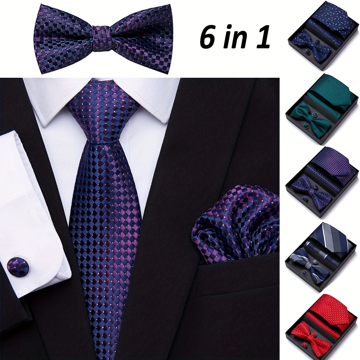 Men's Bow Tie Set 6 piece Set Tie Bow Tie Square Scarf Cufflinks Red Series