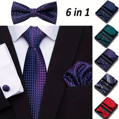 Men's Bow Tie Set 6 piece Set Tie Bow Tie Square Scarf Cufflinks Red Series