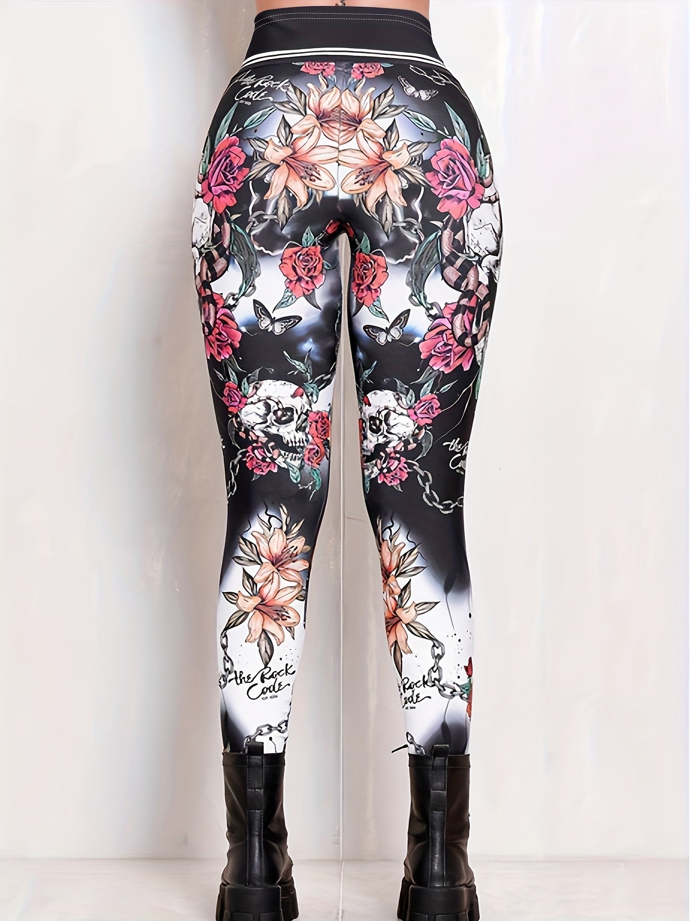  Goth Leggings Floral & Skull Print Tummy Control