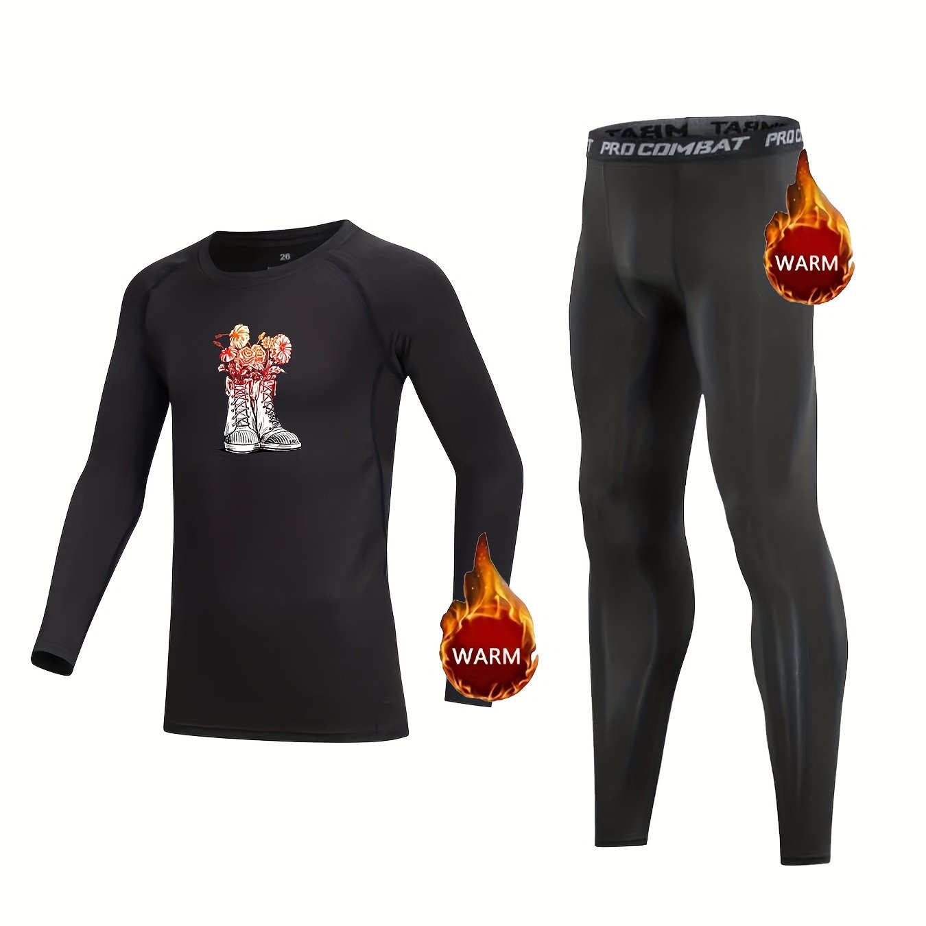 Kids Compression Fleece Sets Cartoon Shoes Pattern Pullover Elastic Waist Pants