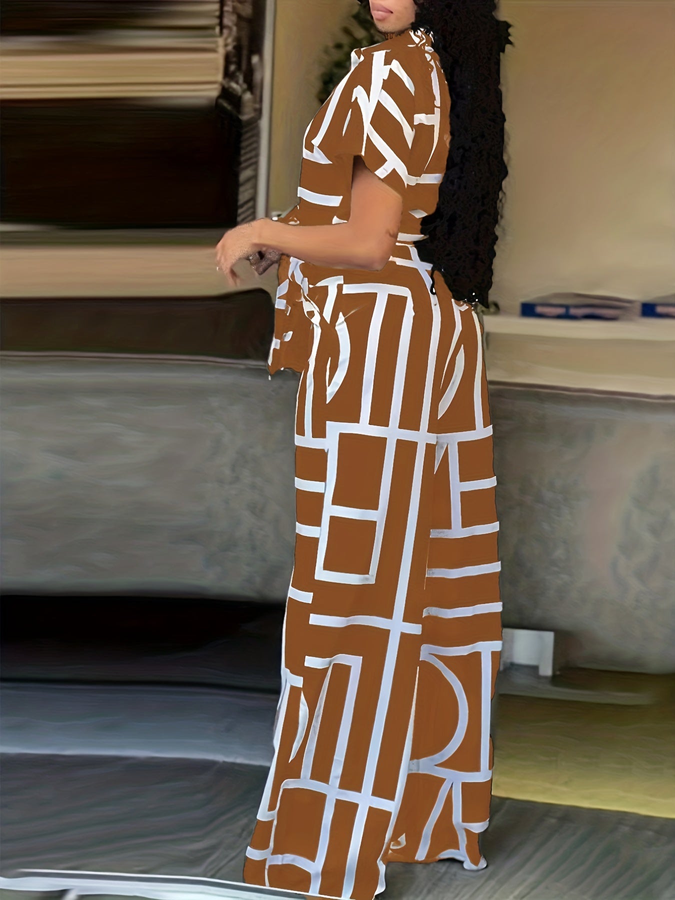 Geo Print 2pc Set Crop Shirt & Wide Leg Pants Outfit