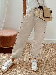  Solid Button Decor High Rise Crop Trousers