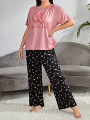  Heart & Letter Print Pajama Set Women's Tee & Pants