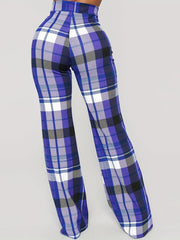  Boho Pants Women's Wide Leg Straight Plaid Print Elastic Waist