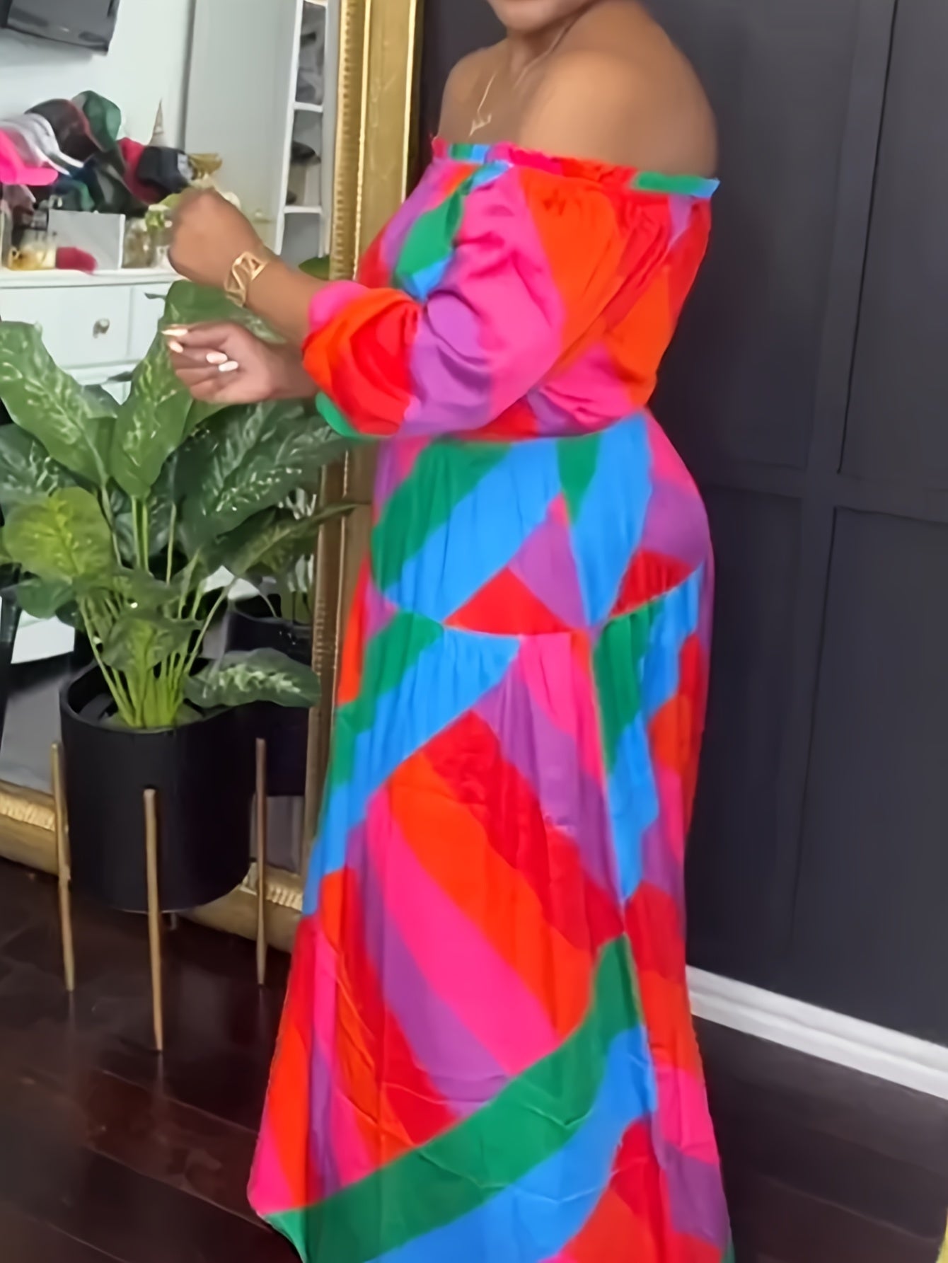  Colorblock Geometric Print Off Shoulder Dress