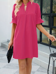  Casual Dress Solid Puff Sleeve Notched Neck Mini Dress