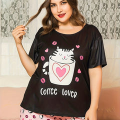  Heart & Cat Print Pajama Set Short Sleeve T shirt & Shorts