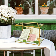 Golden Glass Cards Box For Wedding Reception Large Geometric Decorative Box