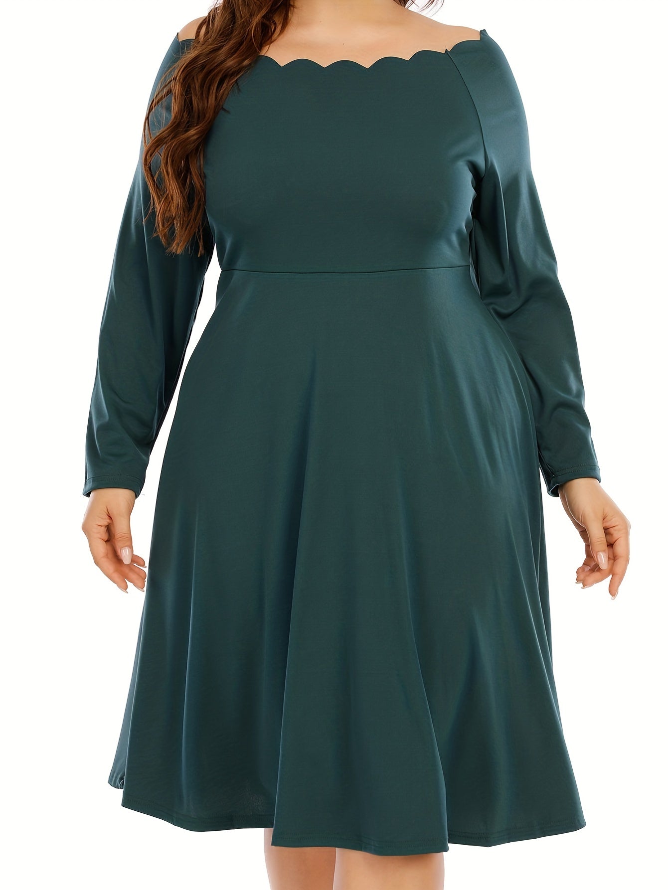  Casual Dress Women's Plain Long Sleeve Scallop Trim Boat Neck Dress