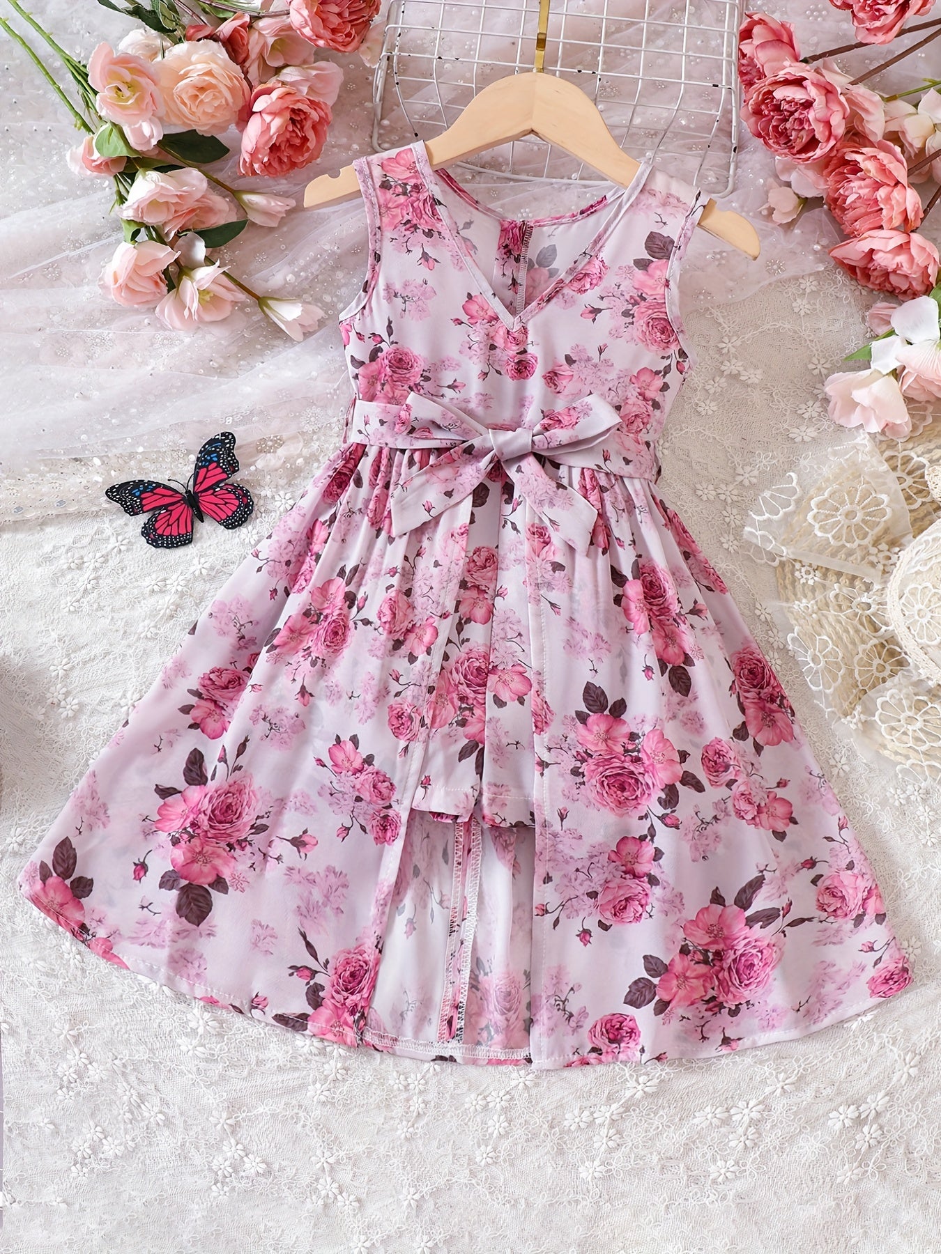 Girls V neck Flowers Graphic Belted Skirt Rompers