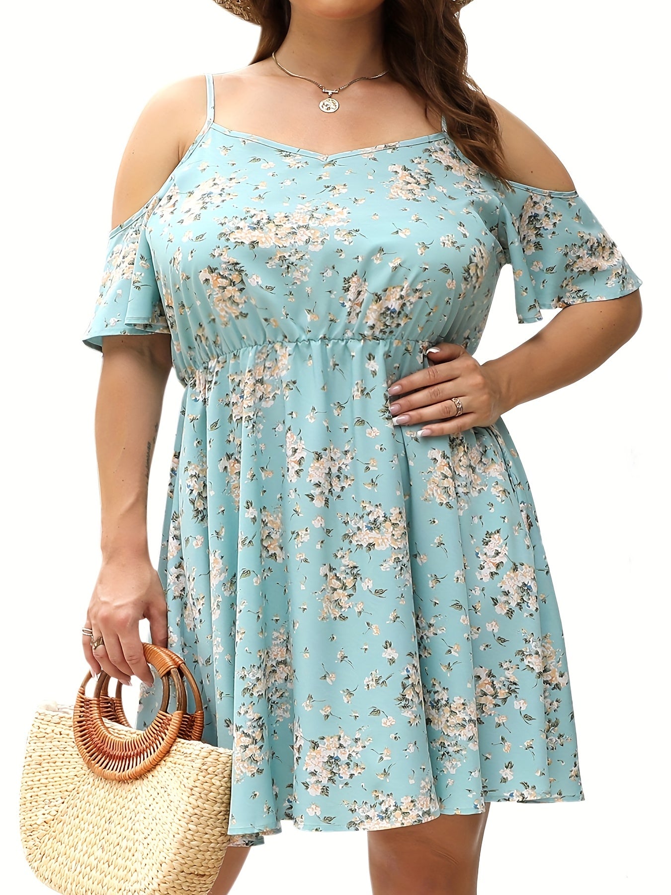  Women's Ditsy Floral Print Cold Shoulder Dress