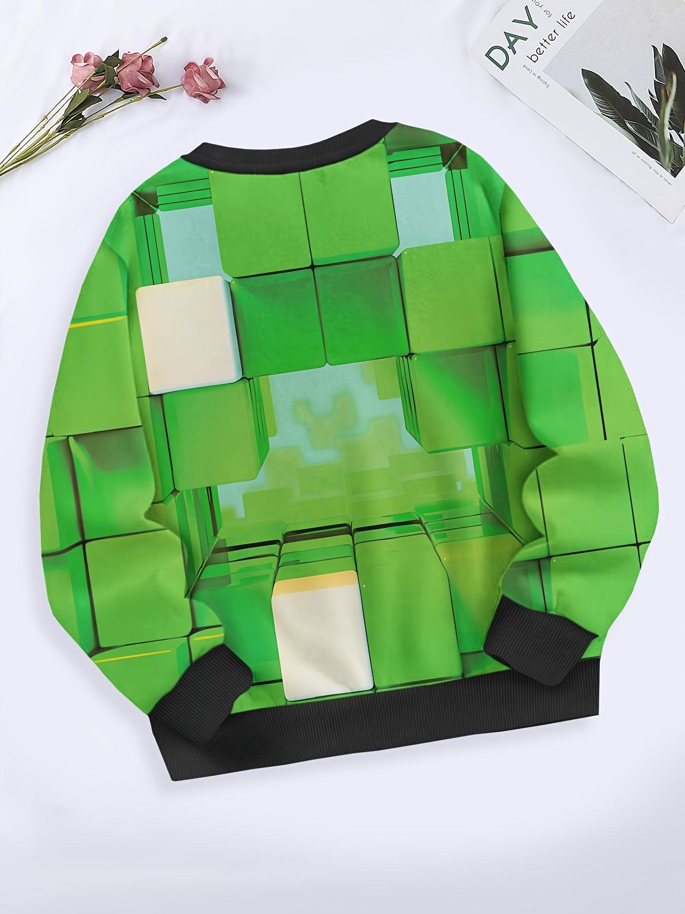 Cartoon Cube Pattern Long Sleeve Crew Neck Sweatshirt