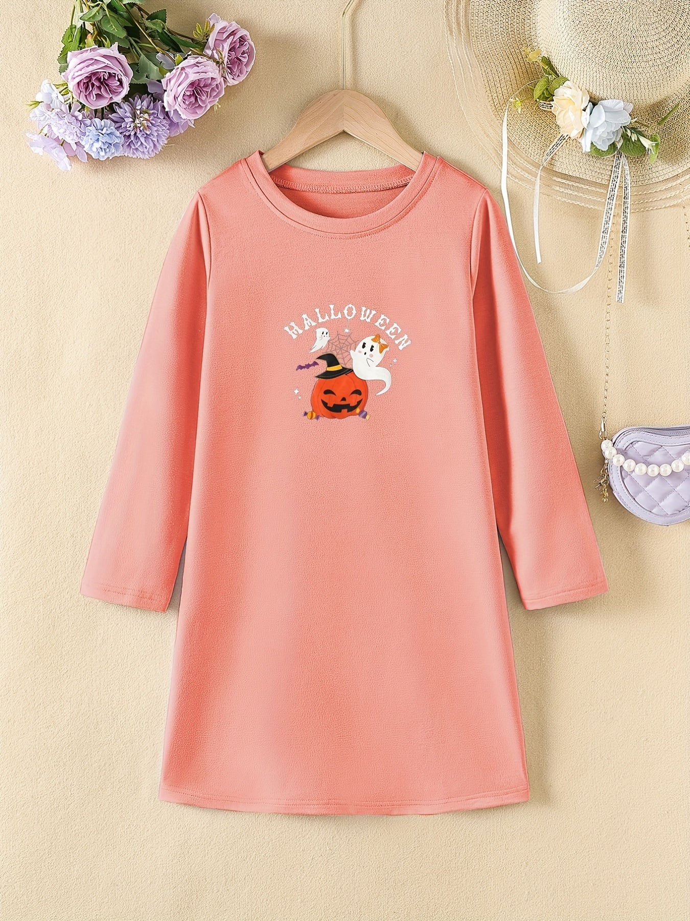 Girls' Halloween Pumpkin Print Long Sleeve A line Casual Dress