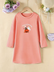Girls' Halloween Pumpkin Print Long Sleeve A line Casual Dress