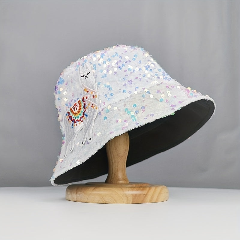 Alpaca Embroidery Sequin Bucket Hat Glitter Fisherman Cap