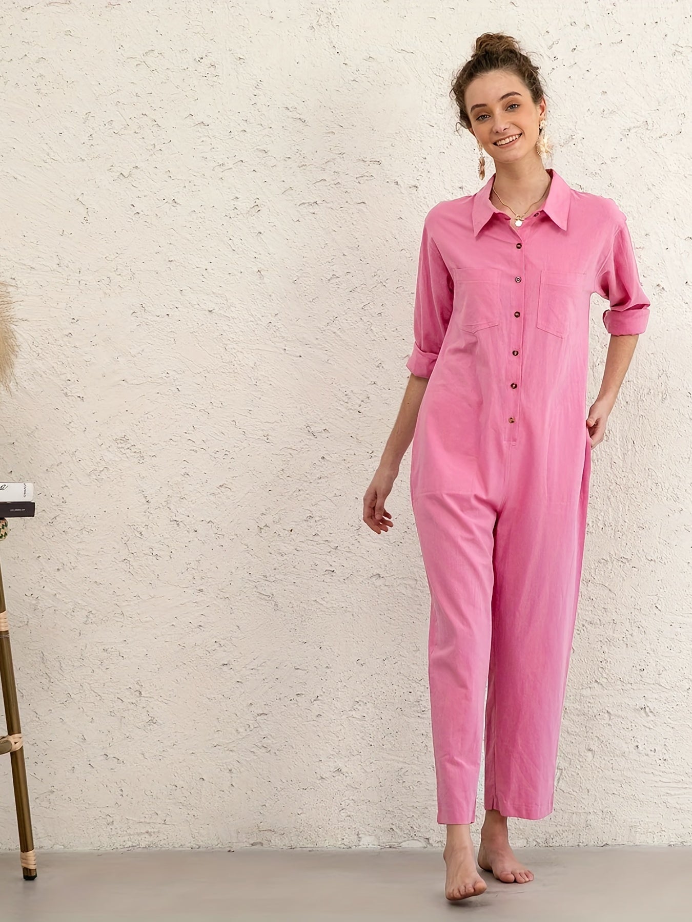  Solid Button Up Long Sleeve Jumpsuit