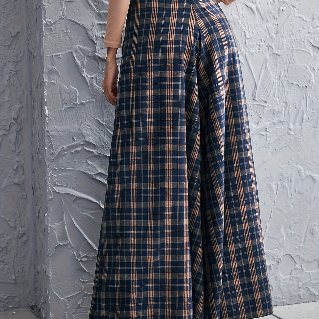  Plaid Print High Rise Wide Leg Trousers