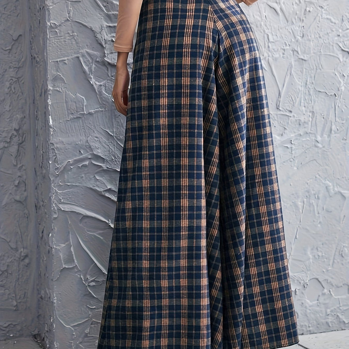 Plaid Print High Rise Wide Leg Trousers