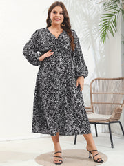 Women's Plus Ditsy Print Long Sleeve V Neck Nipped Waist Dress