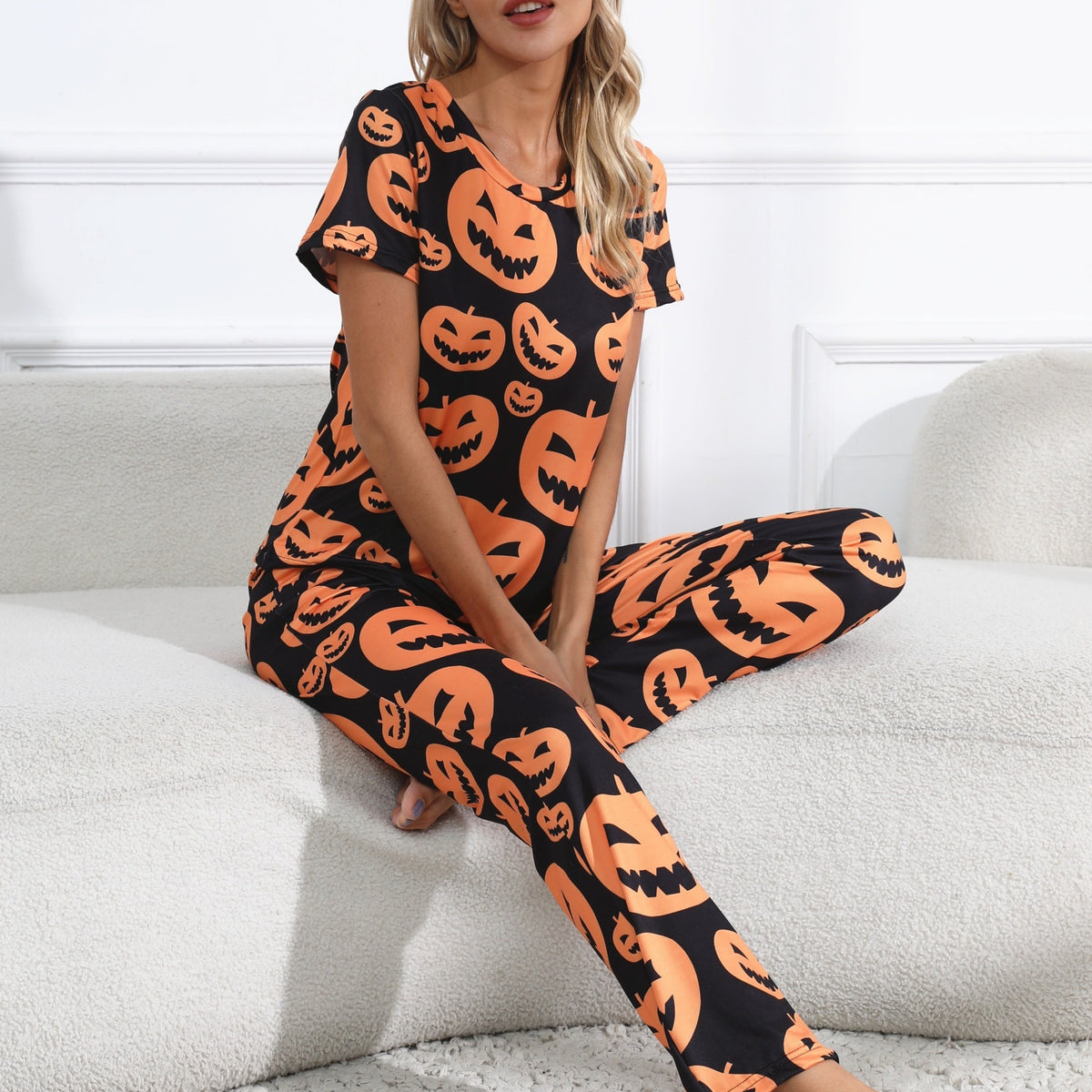  Halloween Pajama Set Women's Pumpkin Print Tee & Pants Lounge Set