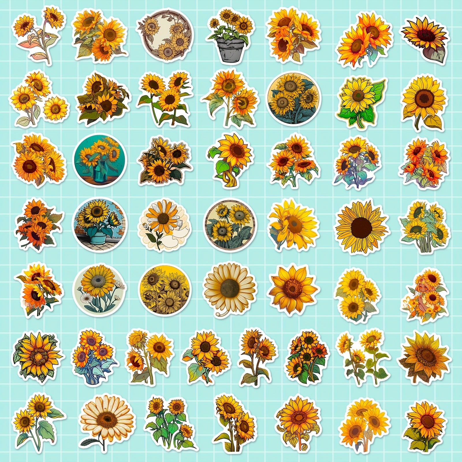 50pcs Sunflower Stickers Yellow Sunshine Stickers For Computer Phone Laptop Wat