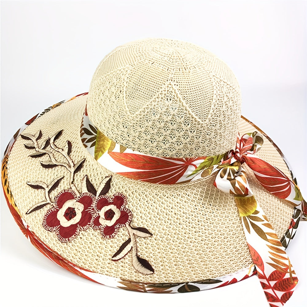 Vintage Flower Embroidery Sun Hat Beige Hollow Crochet Straw Hat UV Protection