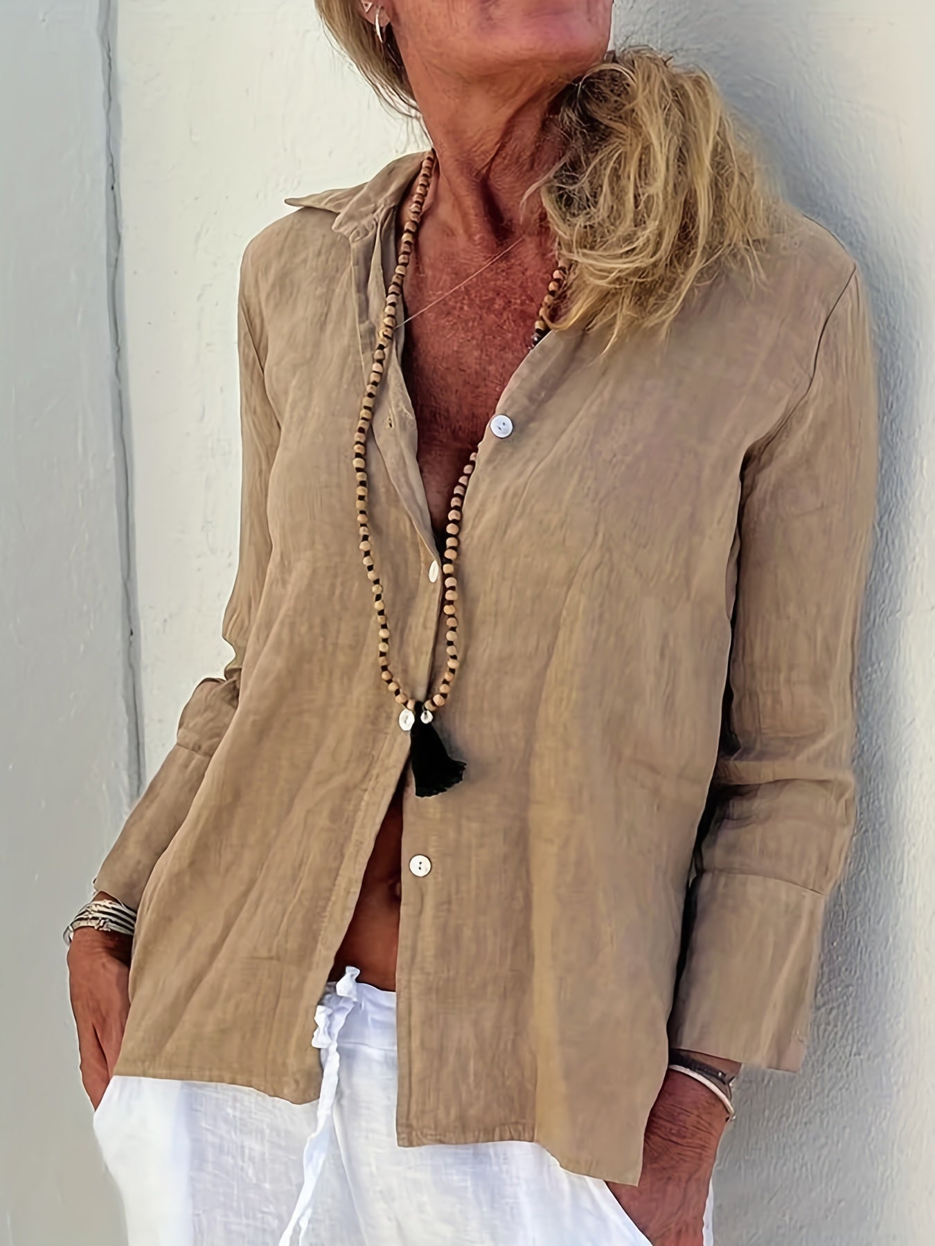  Solid Button Up Long Sleeve Blouse