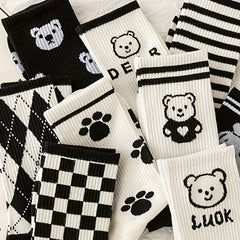 10 Pairs Women's Bear & Plaid Print Mid Tube Socks
