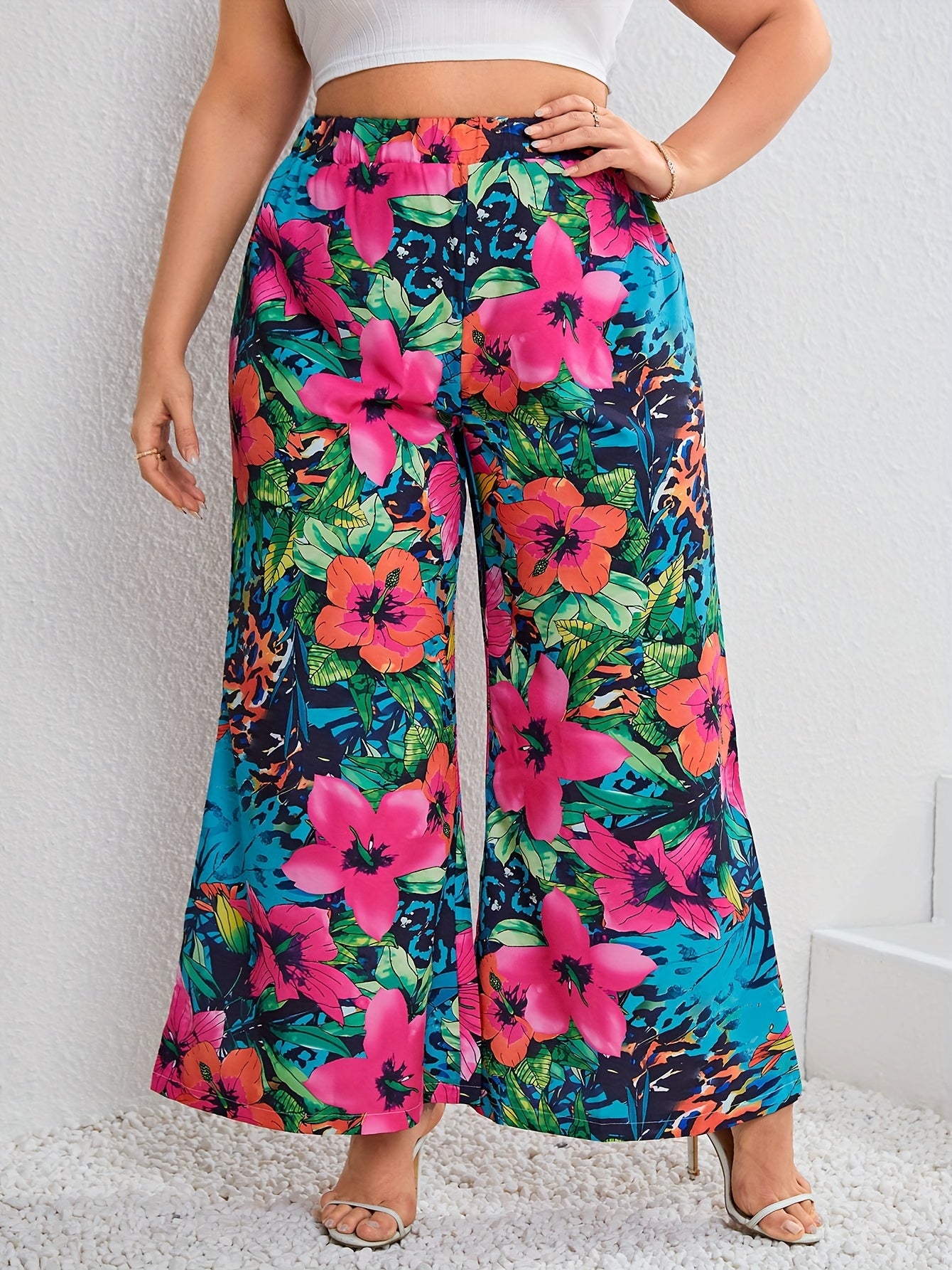  Boho Pants Women's Plus Floral Print Wide Leg Trousers
