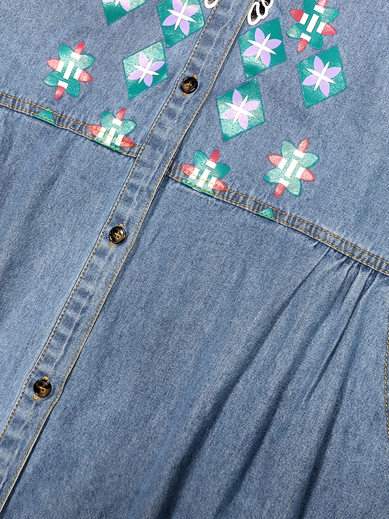 Embroidery Crochet Pattern Denim A-Line Dress