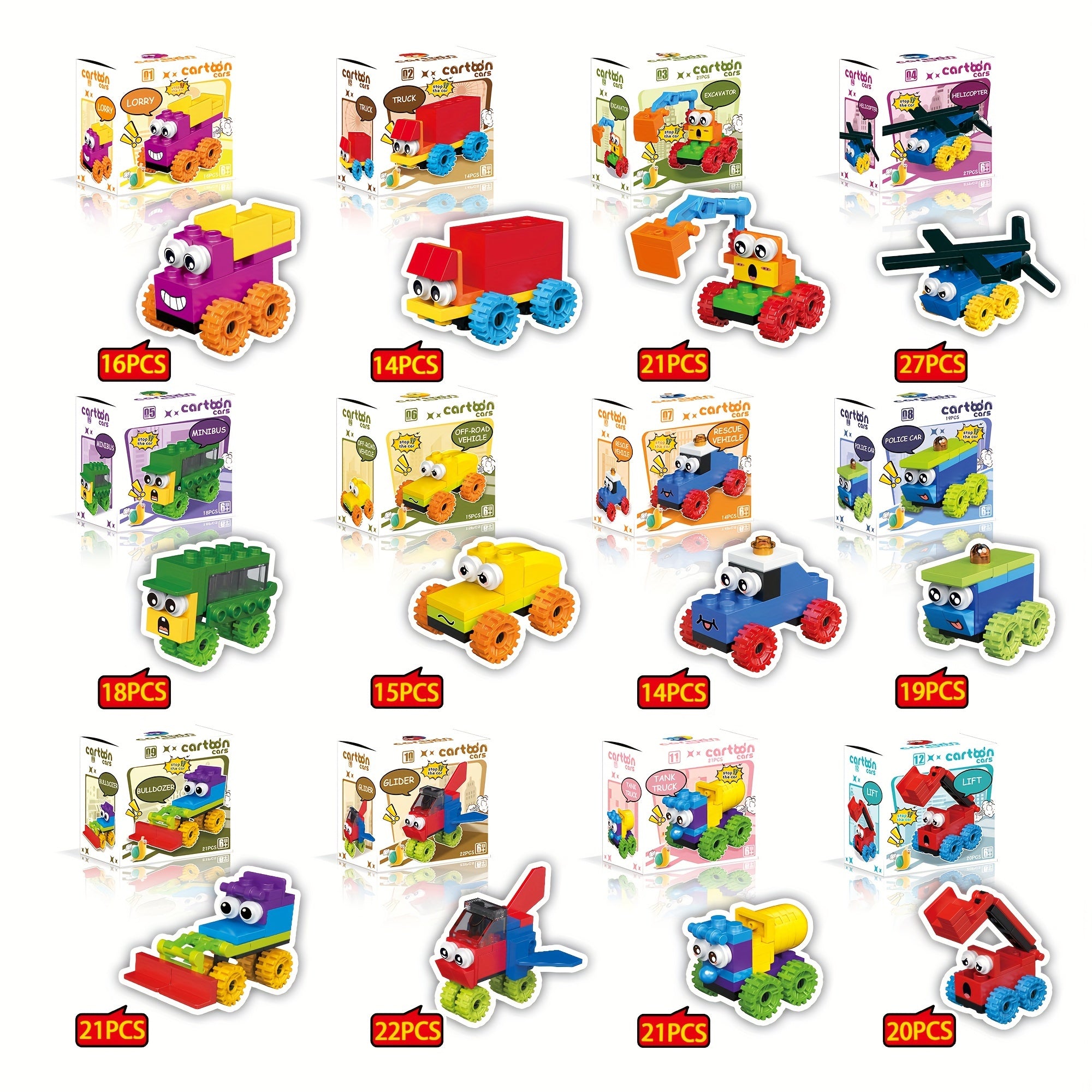 12 Pack Cartoon Vehicle Blocks Set 228pcs - Perfect Gift for Christmas