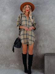  Plaid Print Long Sleeve Mini Shirt Dress