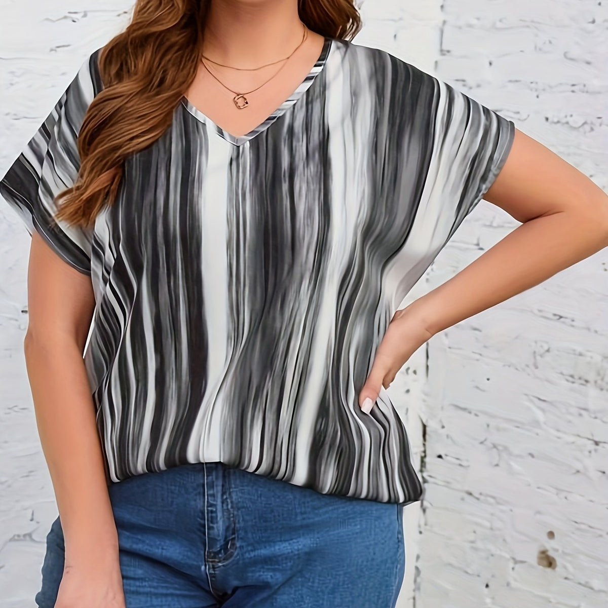  Colorblock Stripe Print Bat Sleeve Blouse
