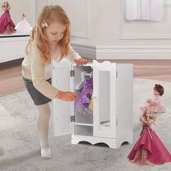 Wooden Dolls Wardrobe with 6 Hangers & Mirror