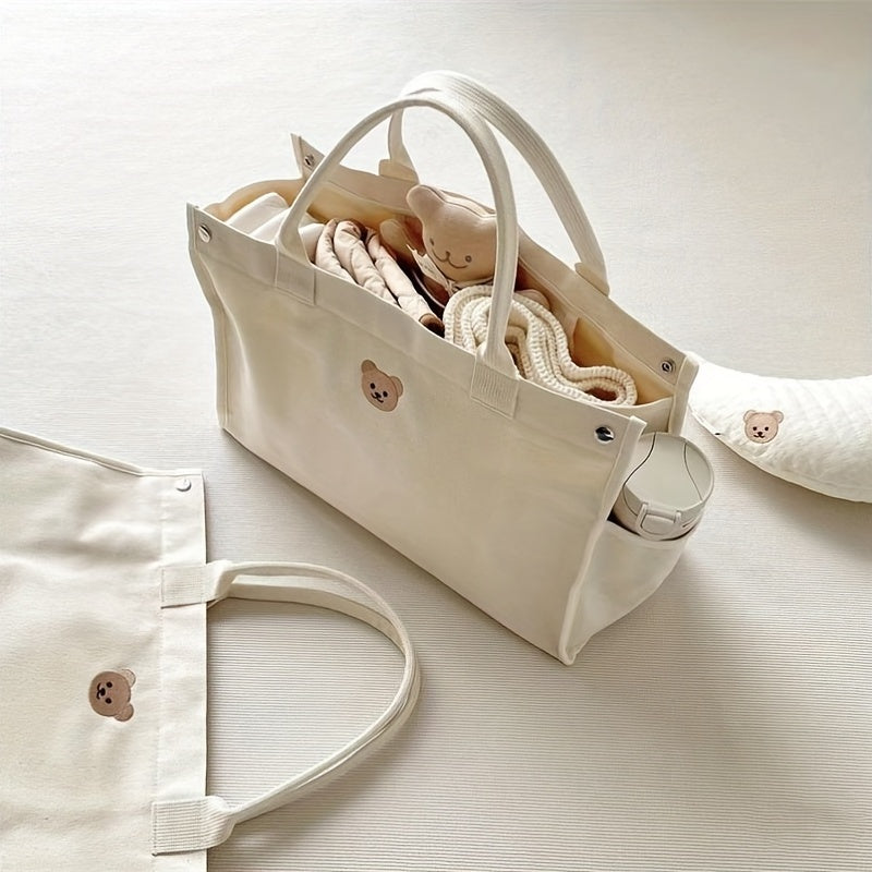 Large Capacity Bear Print Canvas Tote Bag Lightweight Shoulder Bag