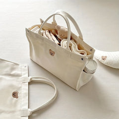 Large Capacity Bear Print Canvas Tote Bag Lightweight Shoulder Bag