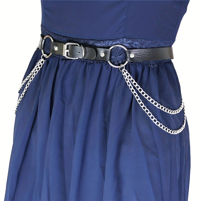 Layered Chain Tassel Punk Belt Gothic Solid PU Leather Chain Belt