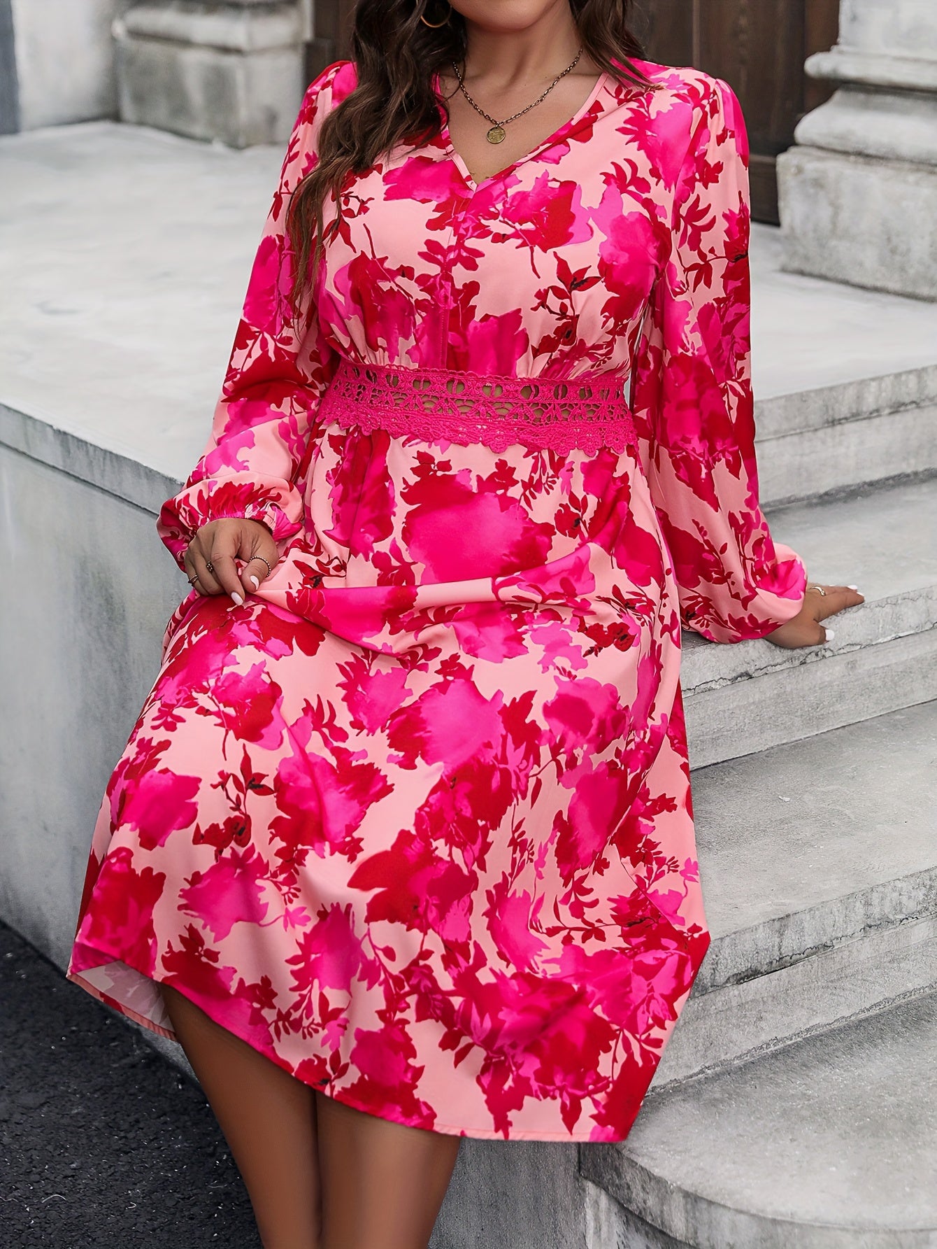  Women's Floral Print Lace Trim Lantern Sleeve V Neck A-line Dress