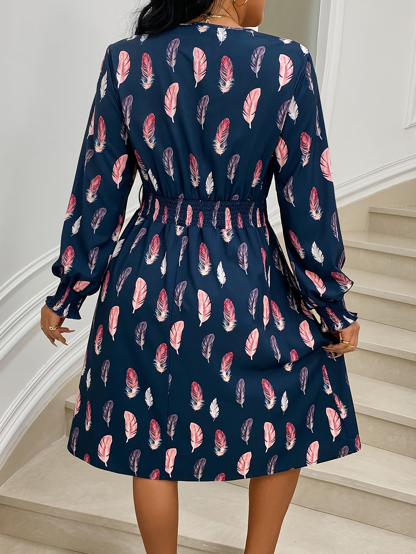  Casual Dress Women's Plus Feather Print V Neck Dress