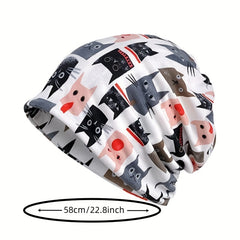 Cartoon Cat Print Beanie Skull Hat Turban Lightweight Chemo Cap