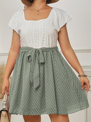  Eyelet Embroidery Pleated Dress with Belt