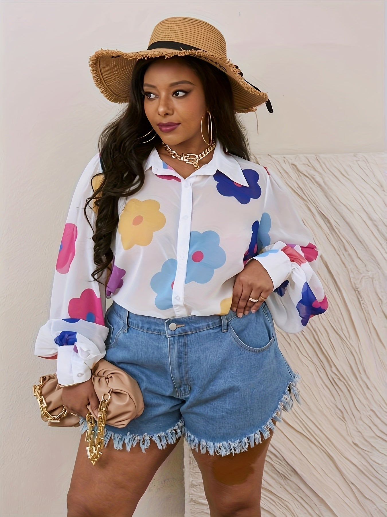  Floral Print Button Up Lantern Sleeve Blouse