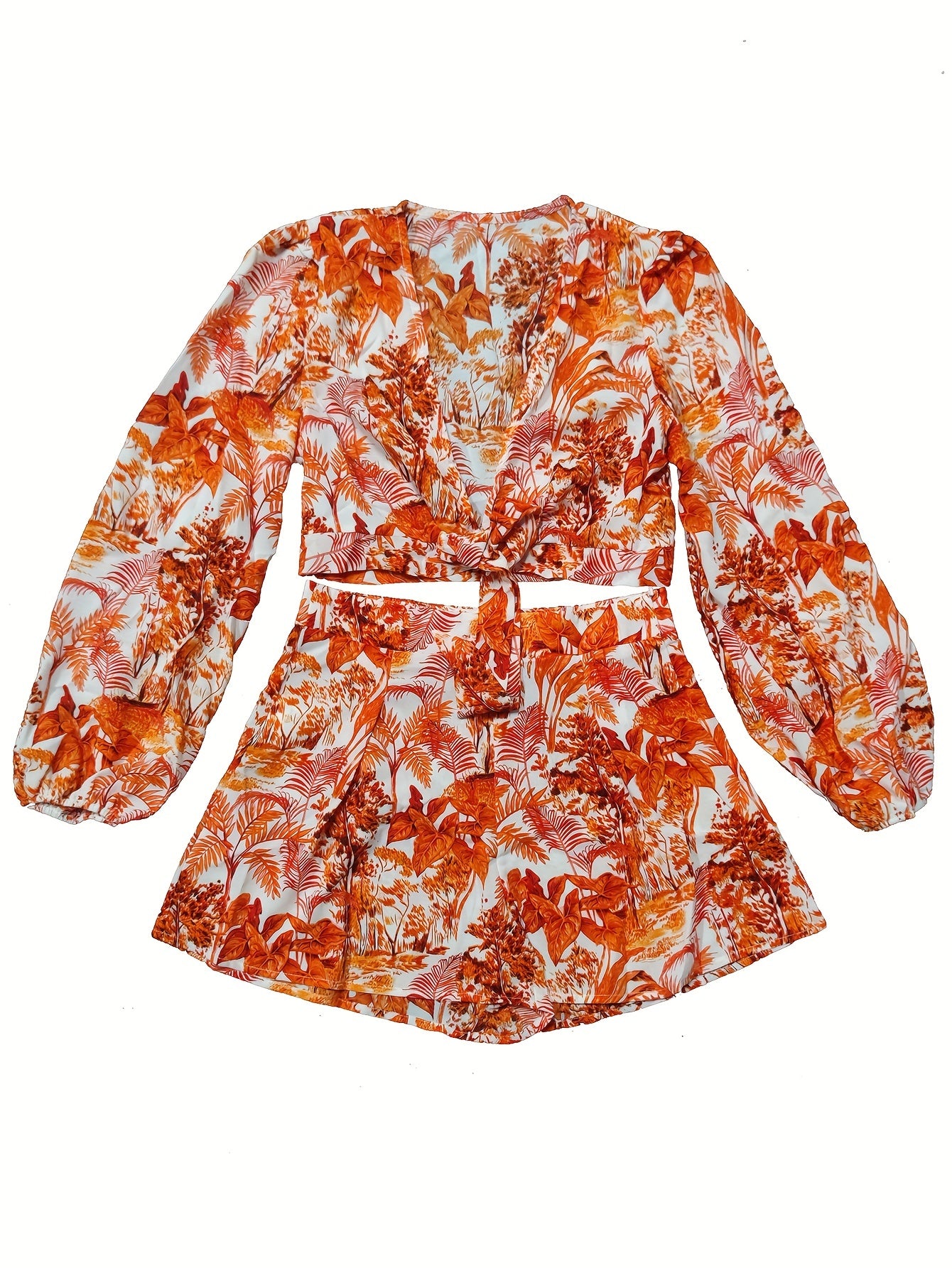 Leaves Print Two-piece Set Tie Front Crop Top & Shorts Outfit