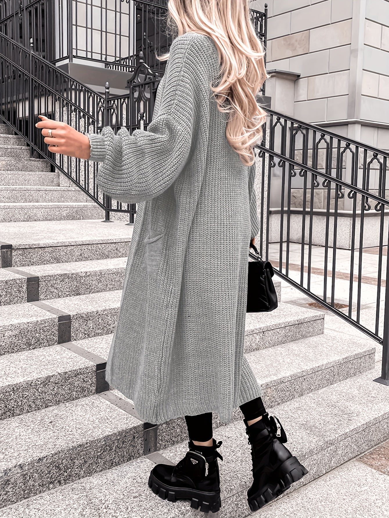  Solid Lantern Sleeve Open Front Cardigan