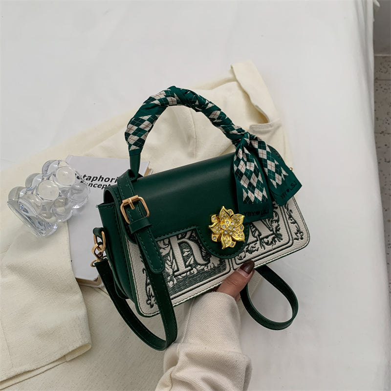 Letter Embroidery Hand Bag Scarf & Metal Decor Flap Crossbody Purse