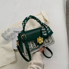 Letter Embroidery Hand Bag Scarf & Metal Decor Flap Crossbody Purse