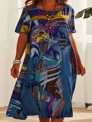  Casual Dress Women's Plus Painting Print Short Sleeve Midi Dress