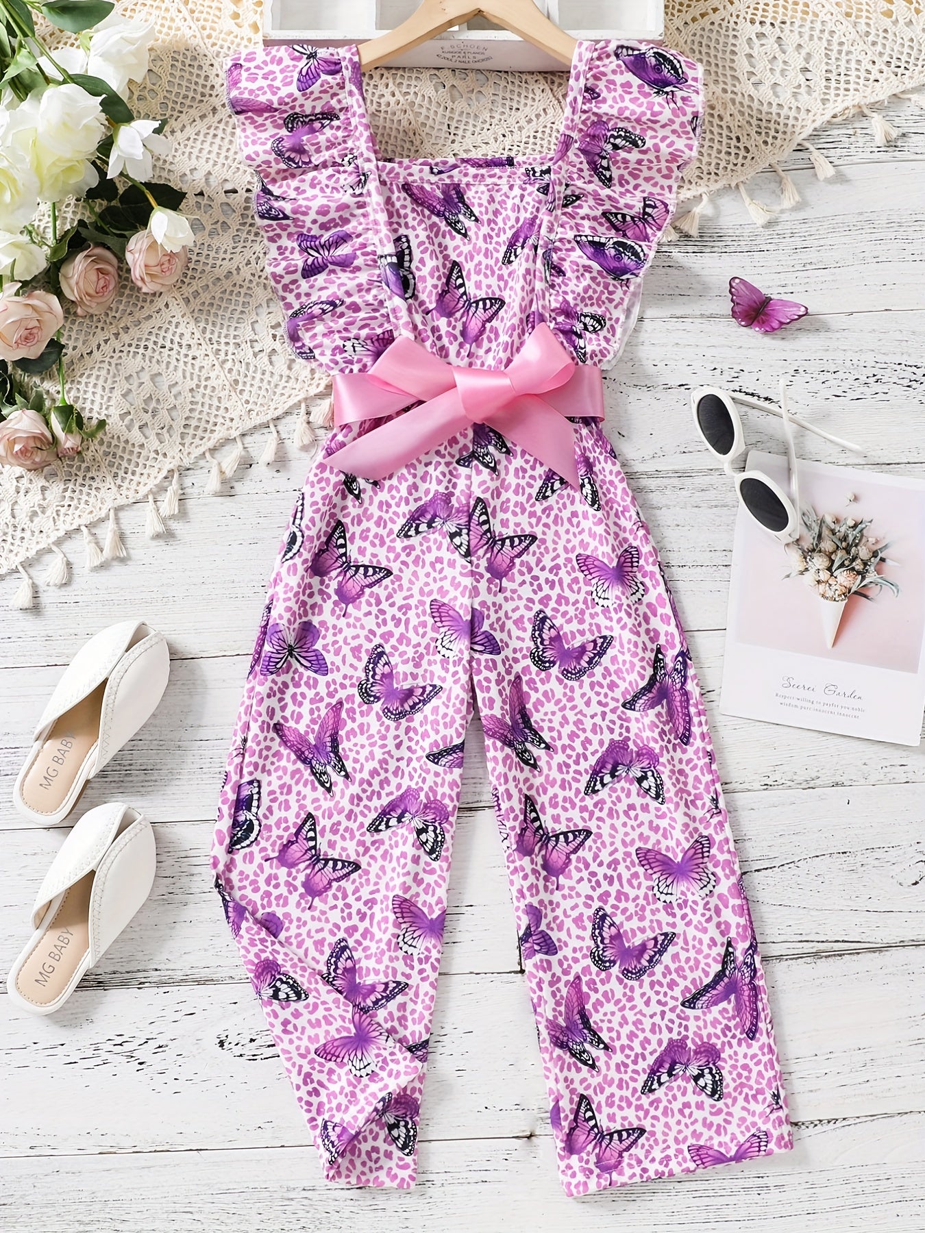 Butterfly Print Ruffle Sleeve Rompers for Kids