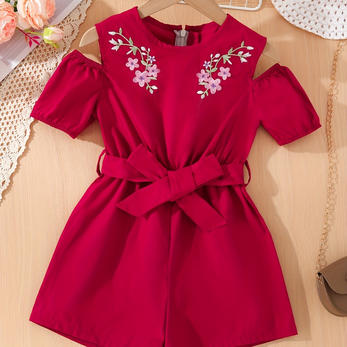 Toddler Girls Cold Shoulder Flowers Embroidered Romper Jumpsuits