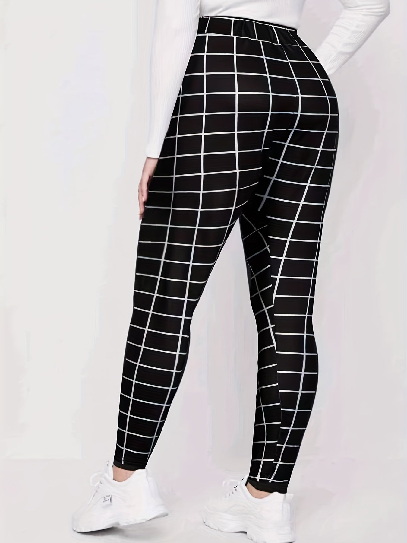  Pants Women's Plus Grid Print High Rise Medium Stretch Skinny Pants